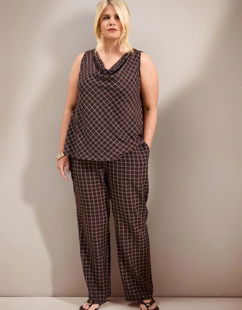 Brown Check Cowl Neck Top