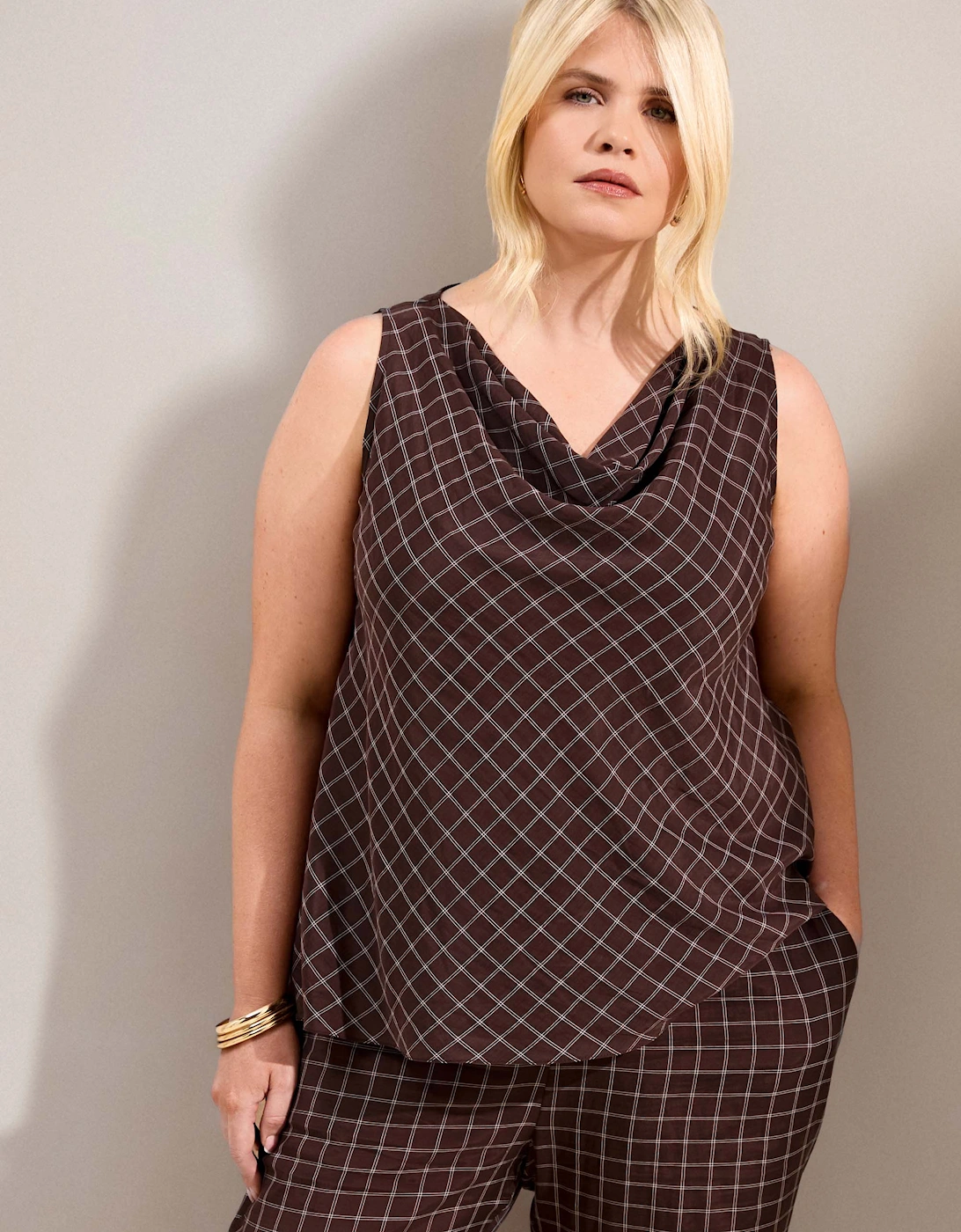 Brown Check Cowl Neck Top