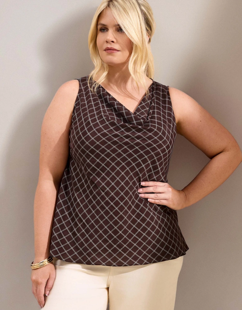Brown Check Cowl Neck Top