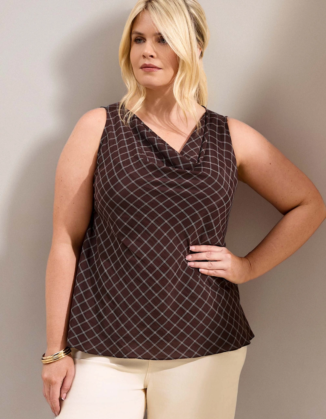 Brown Check Cowl Neck Top