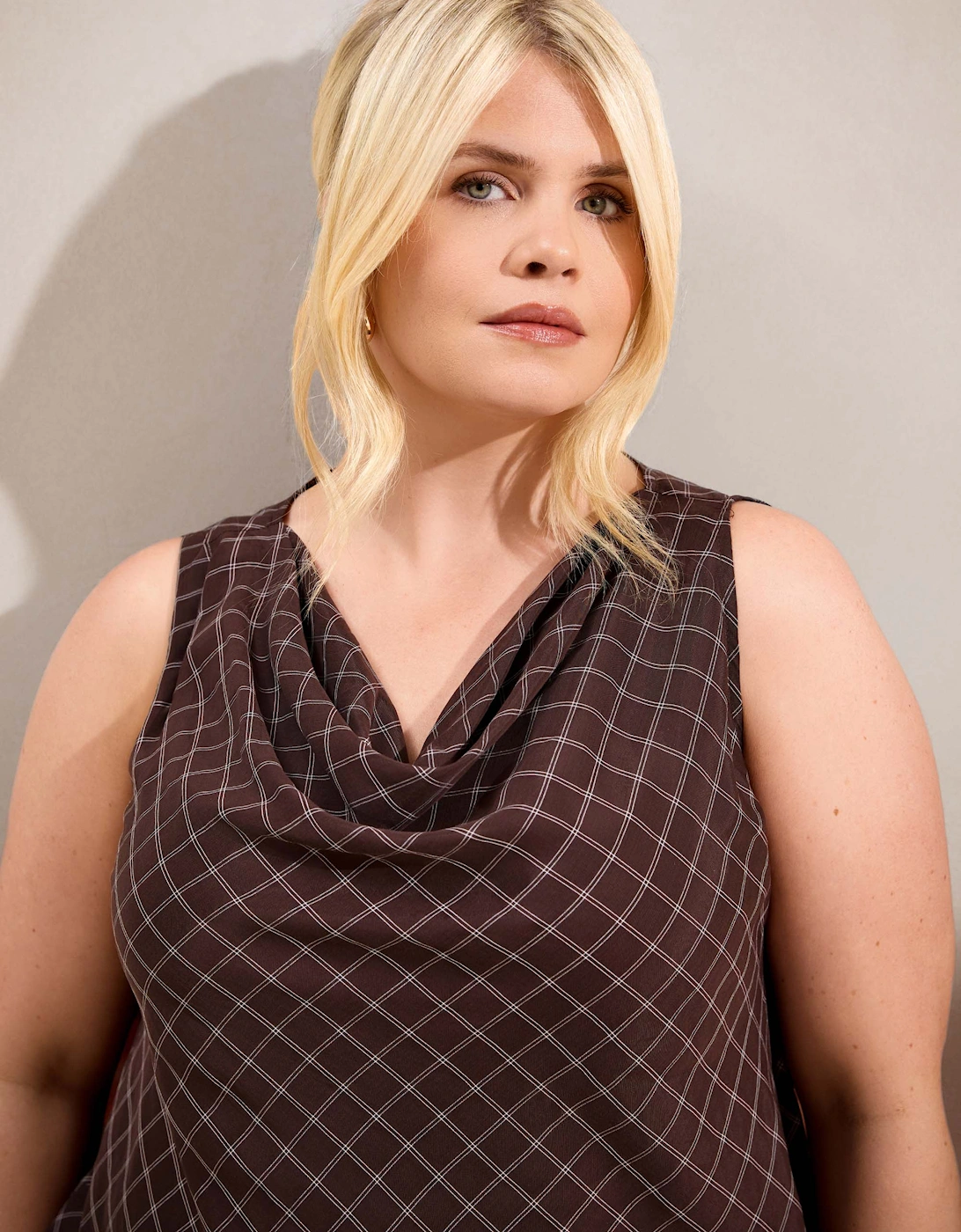 Brown Check Cowl Neck Top