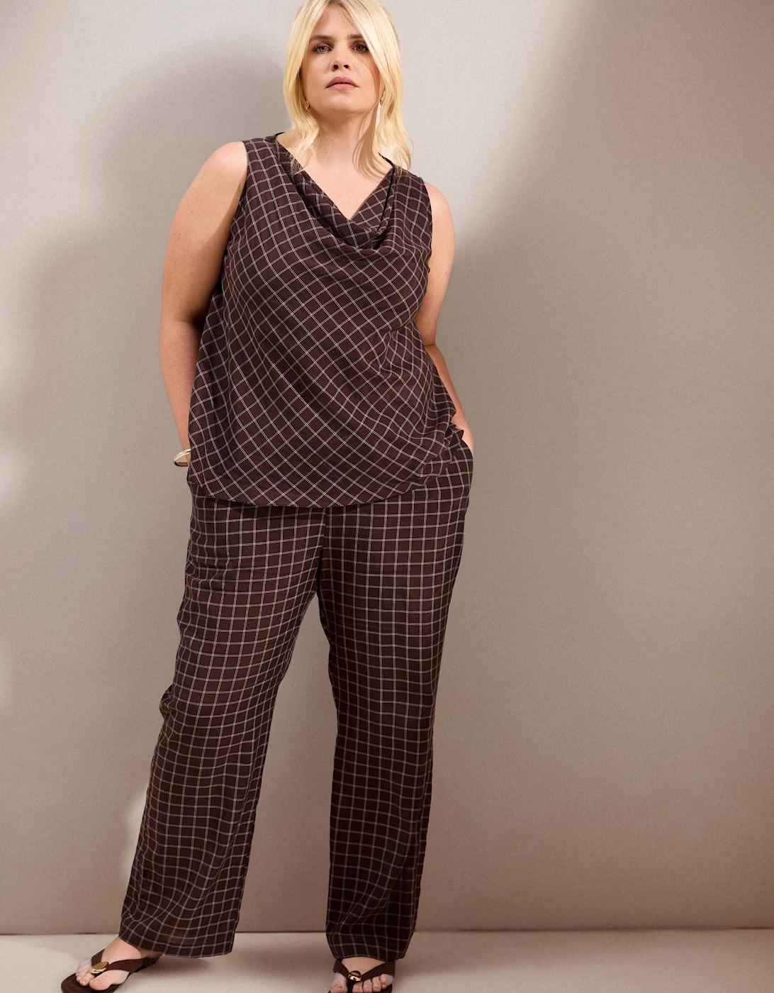 Live Unlimited London Live Unlimited London Women's Brown Check Straight Leg Trouser