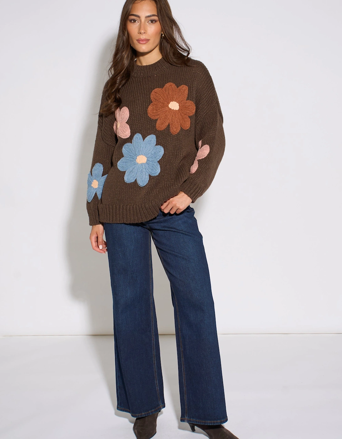 Brown 3D Floral Turtle Neck Knit Jumper