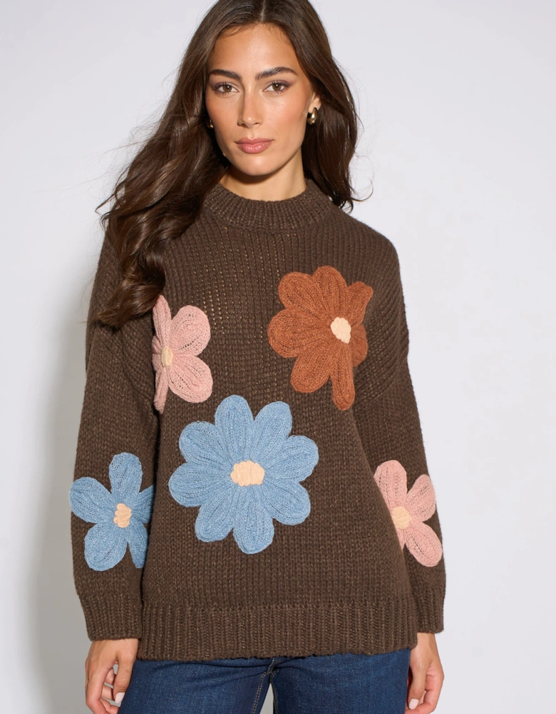 Brown 3D Floral Turtle Neck Knit Jumper