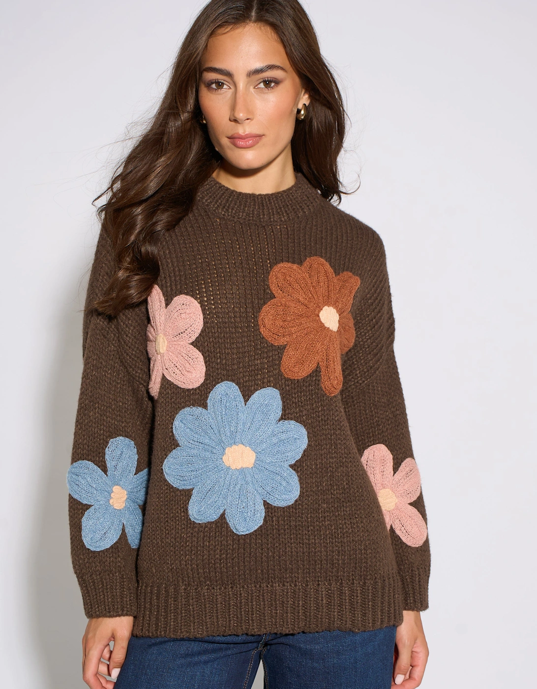 Brown 3D Floral Turtle Neck Knit Jumper