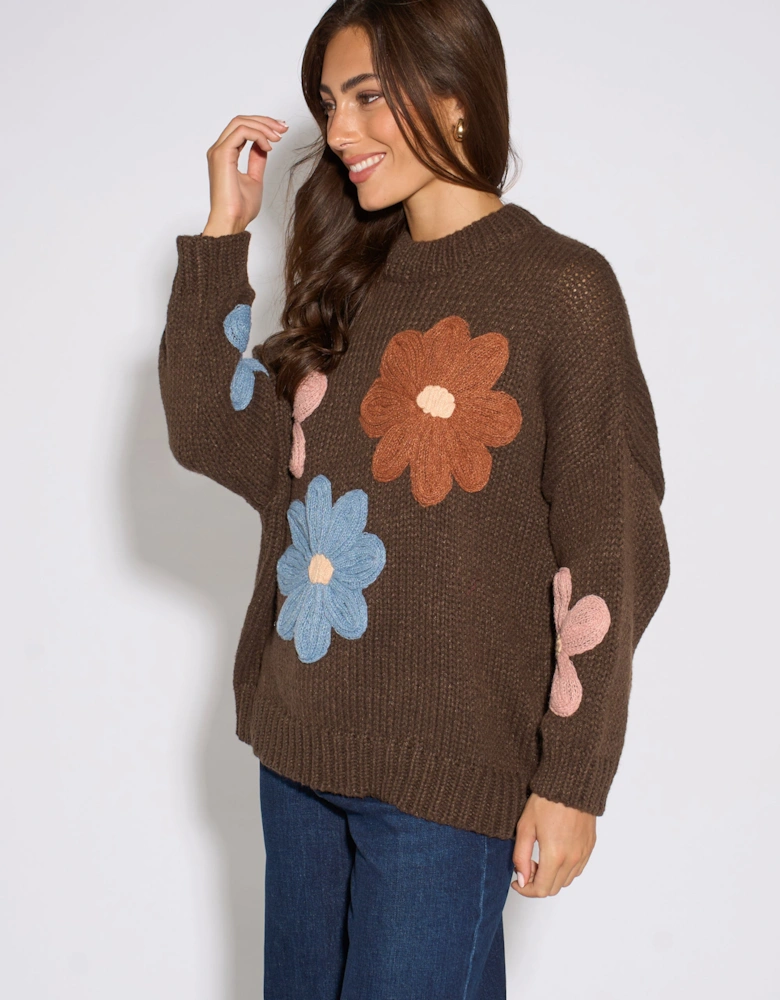 Brown 3D Floral Turtle Neck Knit Jumper