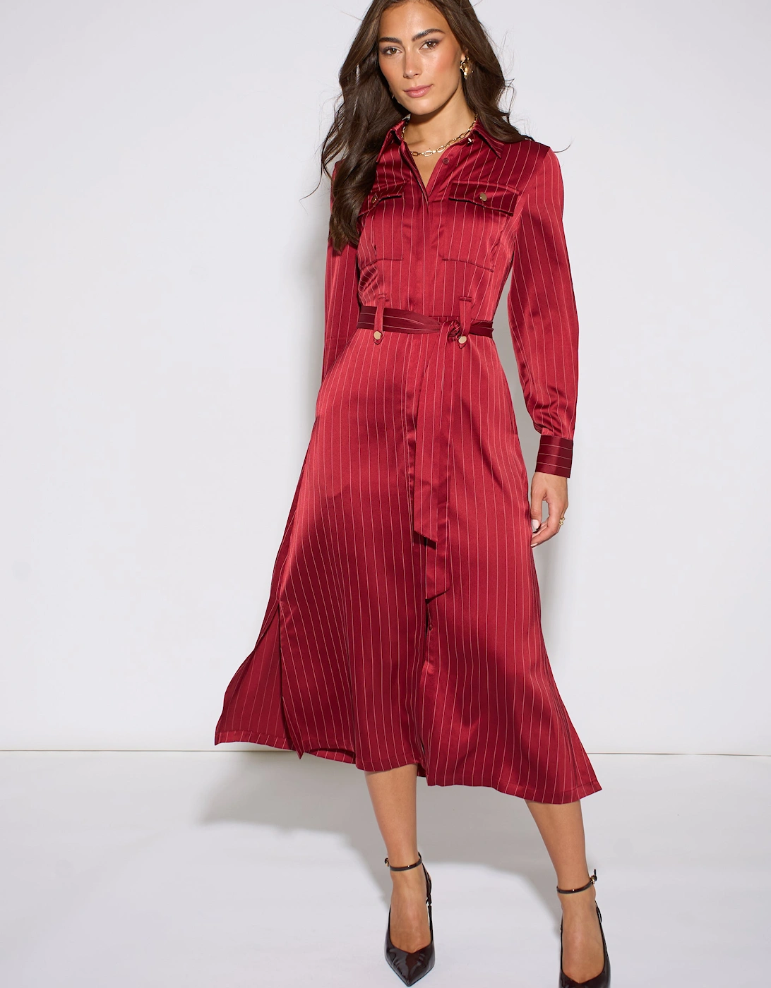 Gini London Women's Red Mulberry Pinstripe Shirt Utility Belted Shirt Dress - Size 12