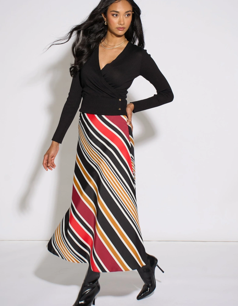 Black Stripe Satin Biased Midi Skirt