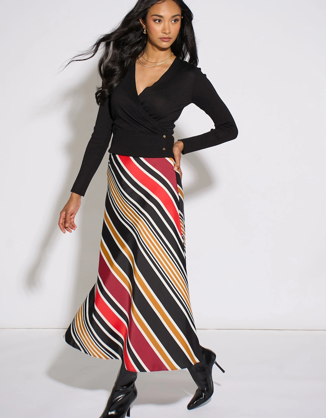 Black Stripe Satin Biased Midi Skirt