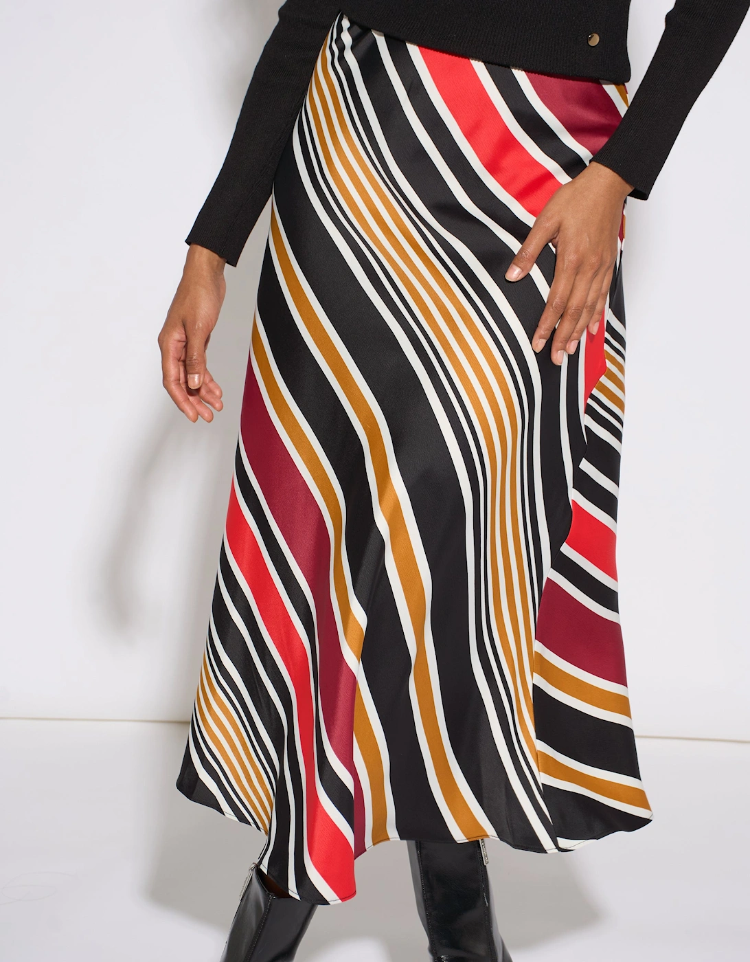 Black Stripe Satin Biased Midi Skirt