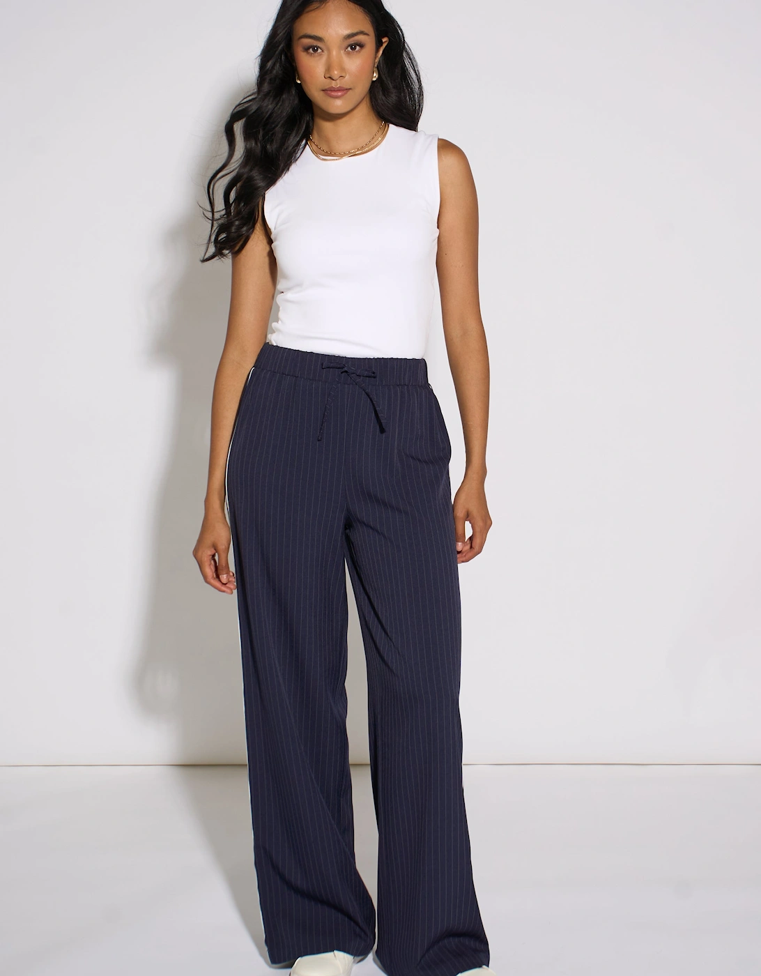 Navy Drawstring Pinstripe Wide Leg Jogger