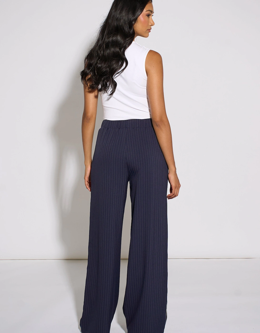 Navy Drawstring Pinstripe Wide Leg Jogger