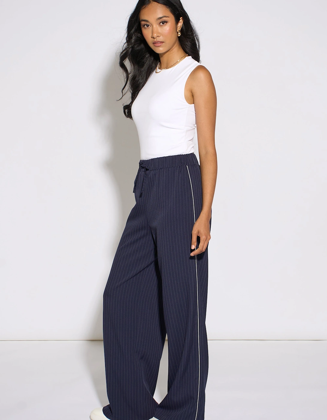 Navy Drawstring Pinstripe Wide Leg Jogger