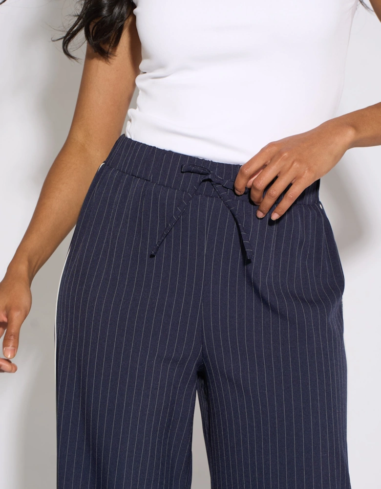 Navy Drawstring Pinstripe Wide Leg Jogger