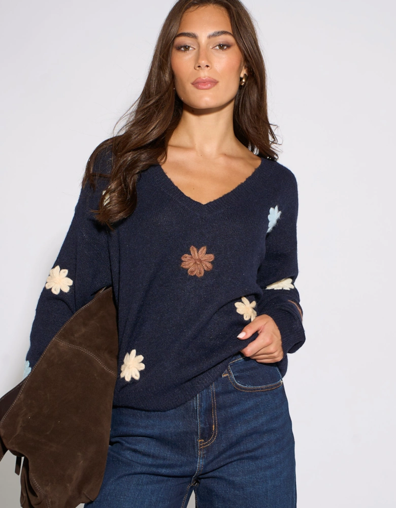 Navy Crochet 3D Floral Knitted Jumper