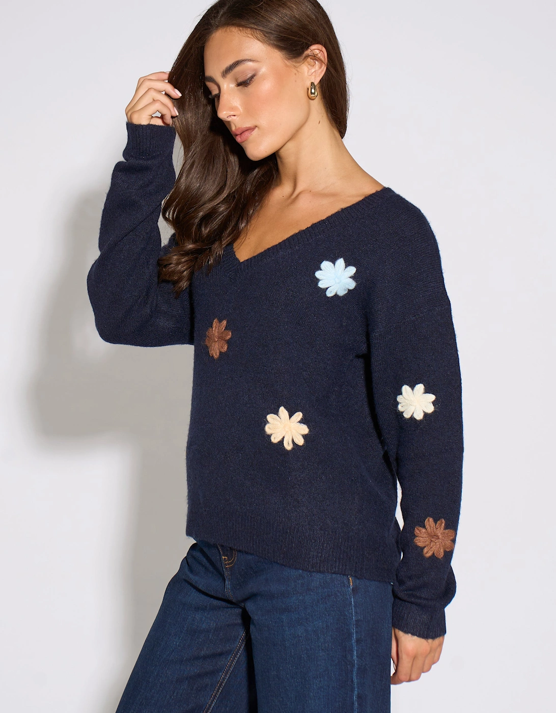 Navy Crochet 3D Floral Knitted Jumper