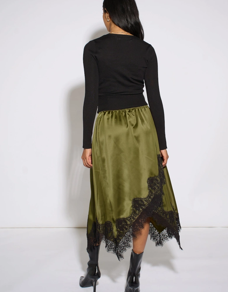 Khaki Satin Asymmetric Hem Contrast Lace Skirt