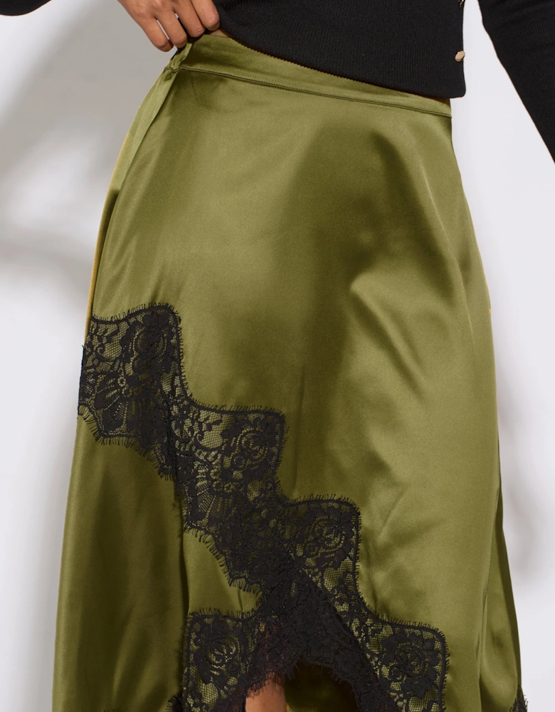 Khaki Satin Asymmetric Hem Contrast Lace Skirt