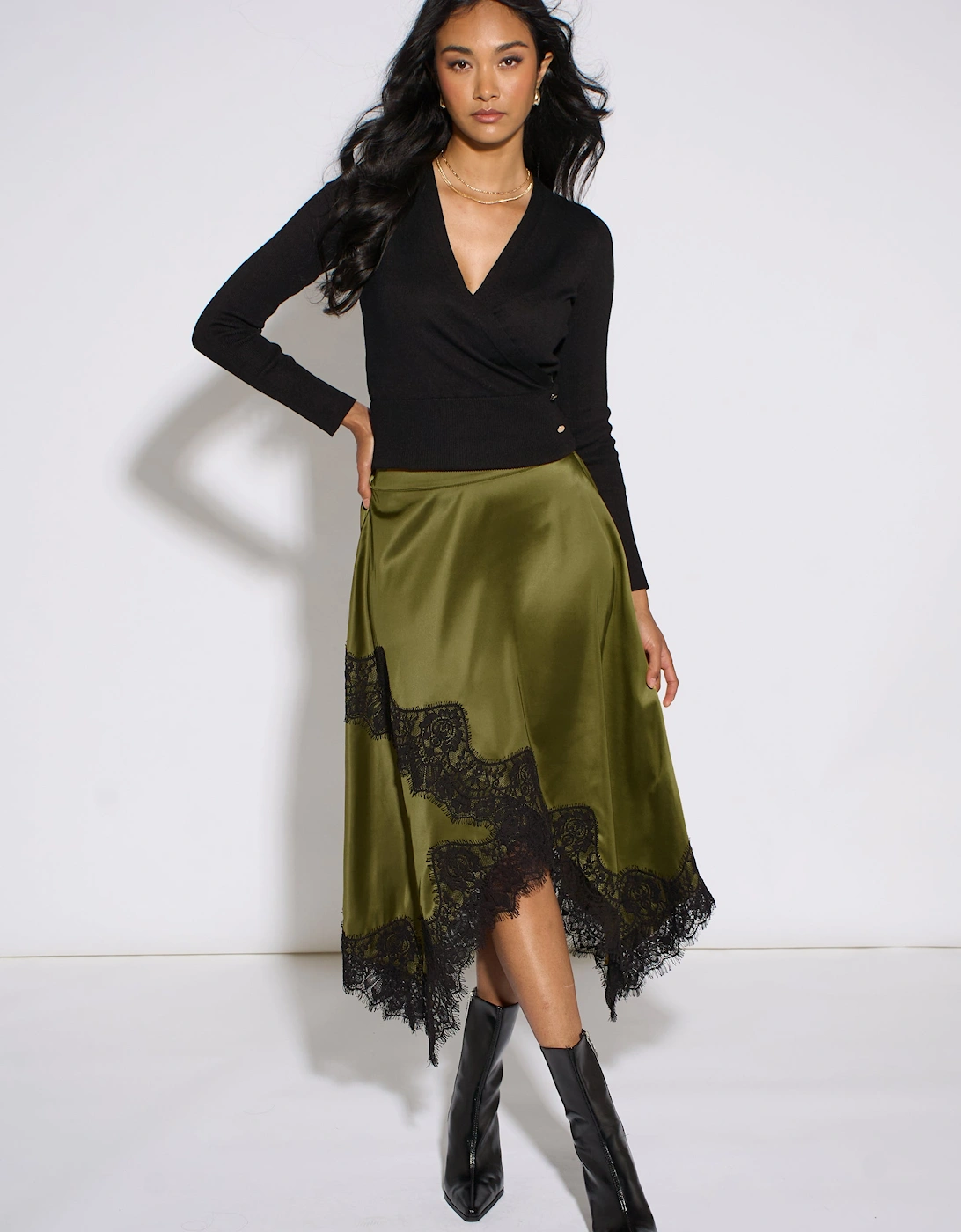 Khaki Satin Asymmetric Hem Contrast Lace Skirt