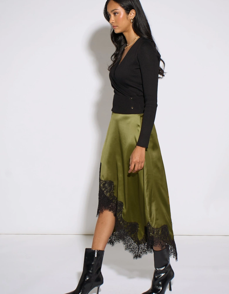 Khaki Satin Asymmetric Hem Contrast Lace Skirt