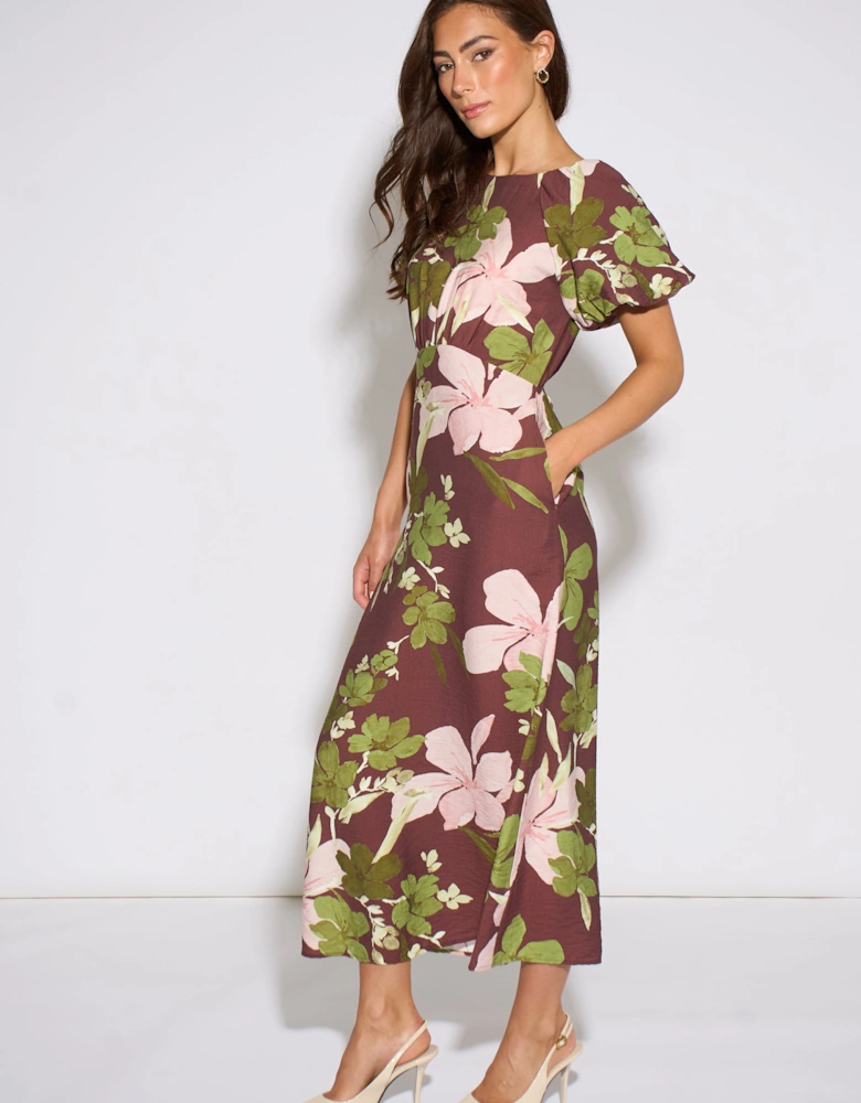 Brown Floral Puff Sleeves Midi Dress