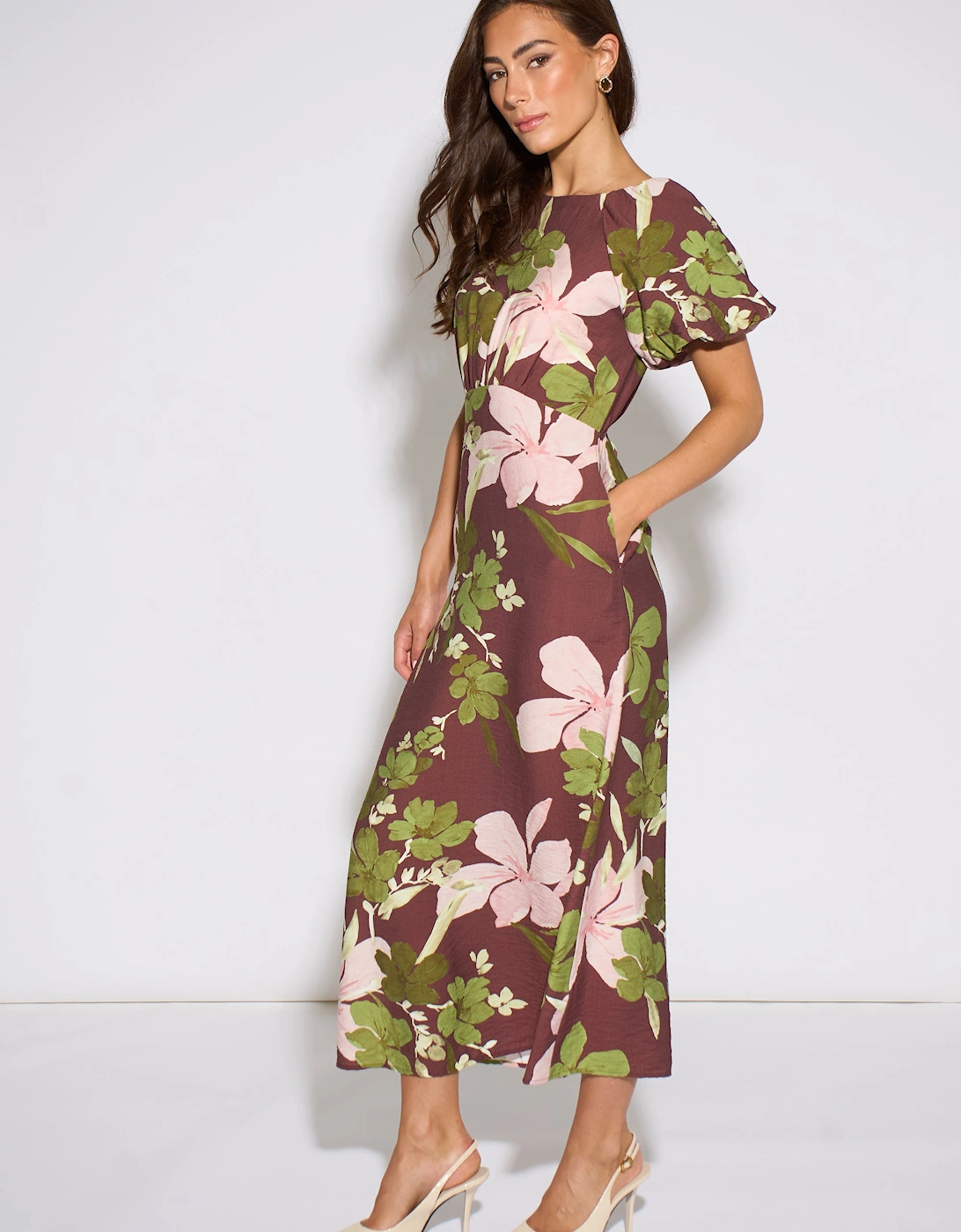 Brown Floral Puff Sleeves Midi Dress