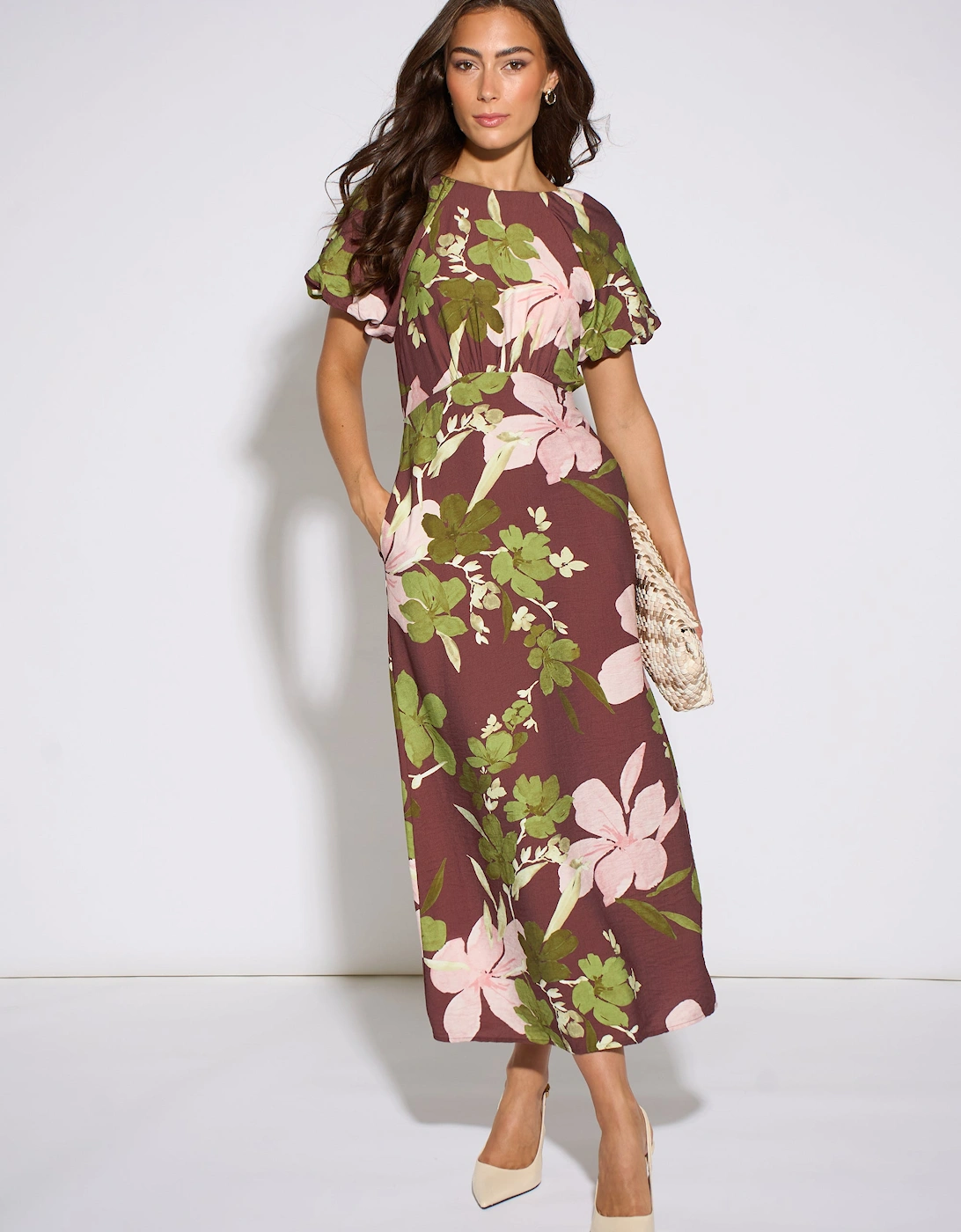 Gini London Women's Brown Floral Puff Sleeves Midi Dress - Size 14