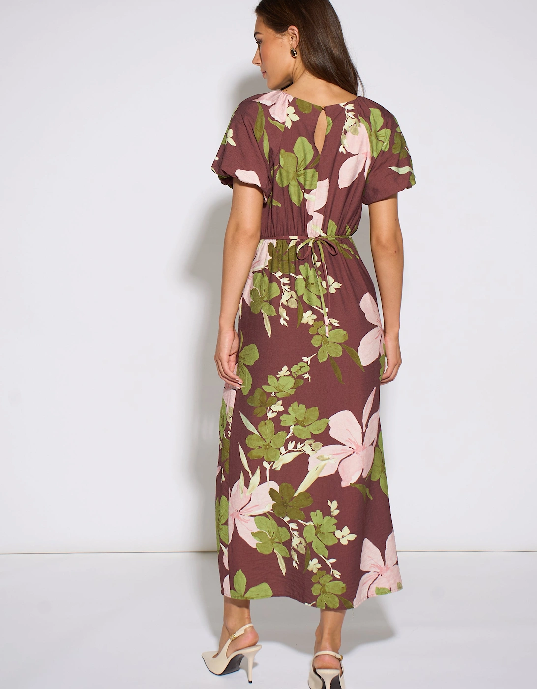 Brown Floral Puff Sleeves Midi Dress
