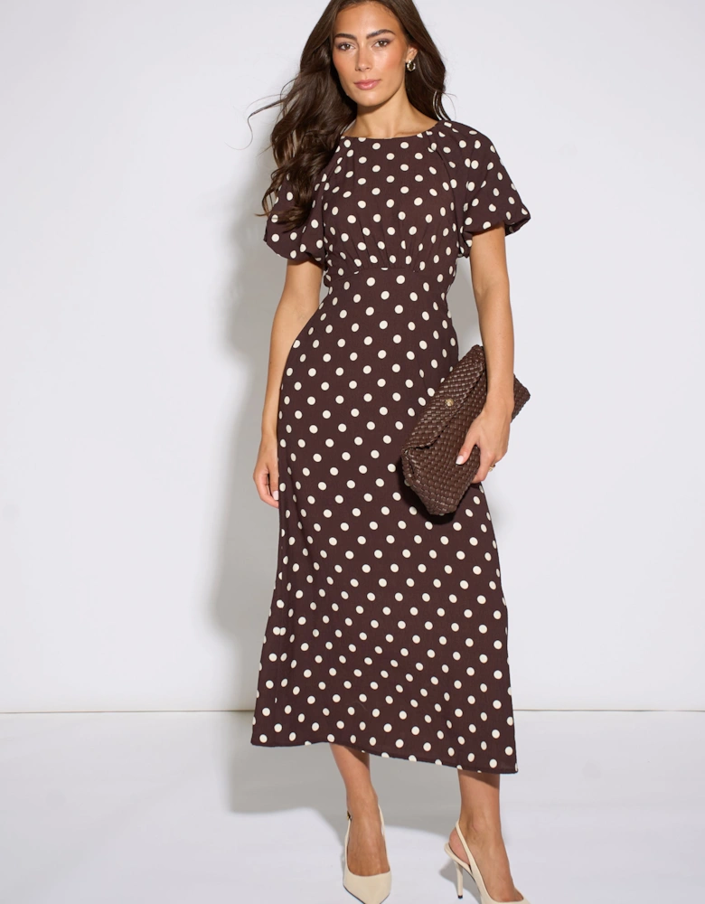 Brown Spot Puff Sleeves Midi Dress