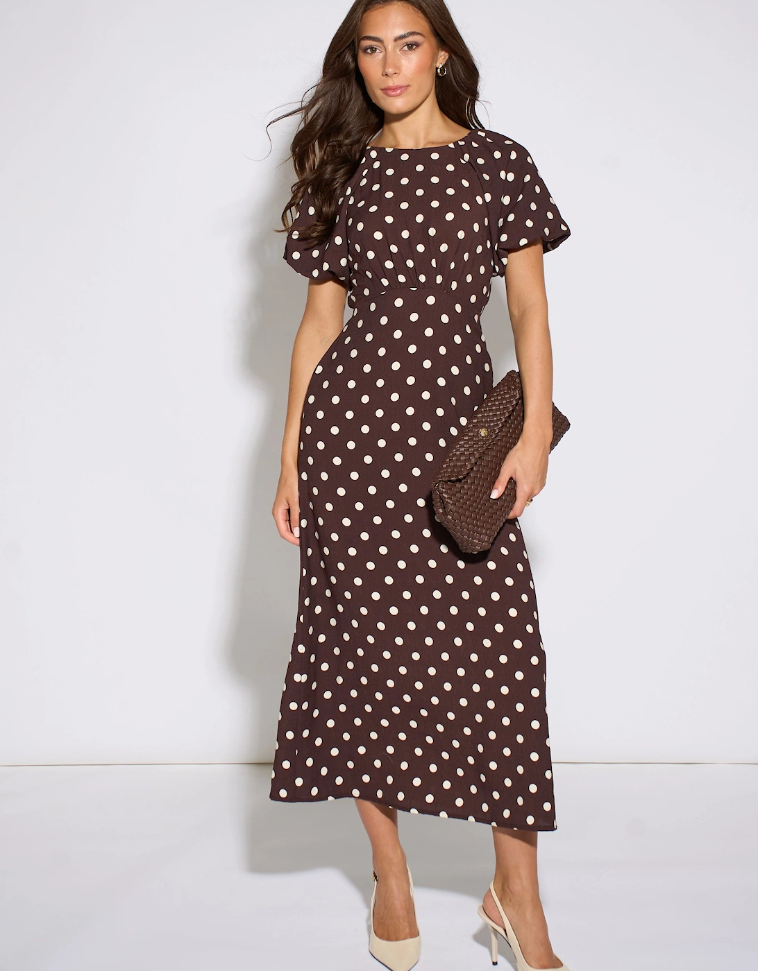 Brown Spot Puff Sleeves Midi Dress