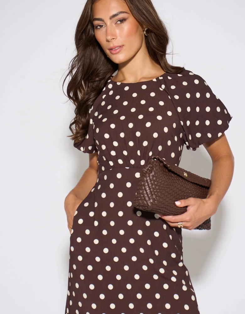 Brown Spot Puff Sleeves Midi Dress