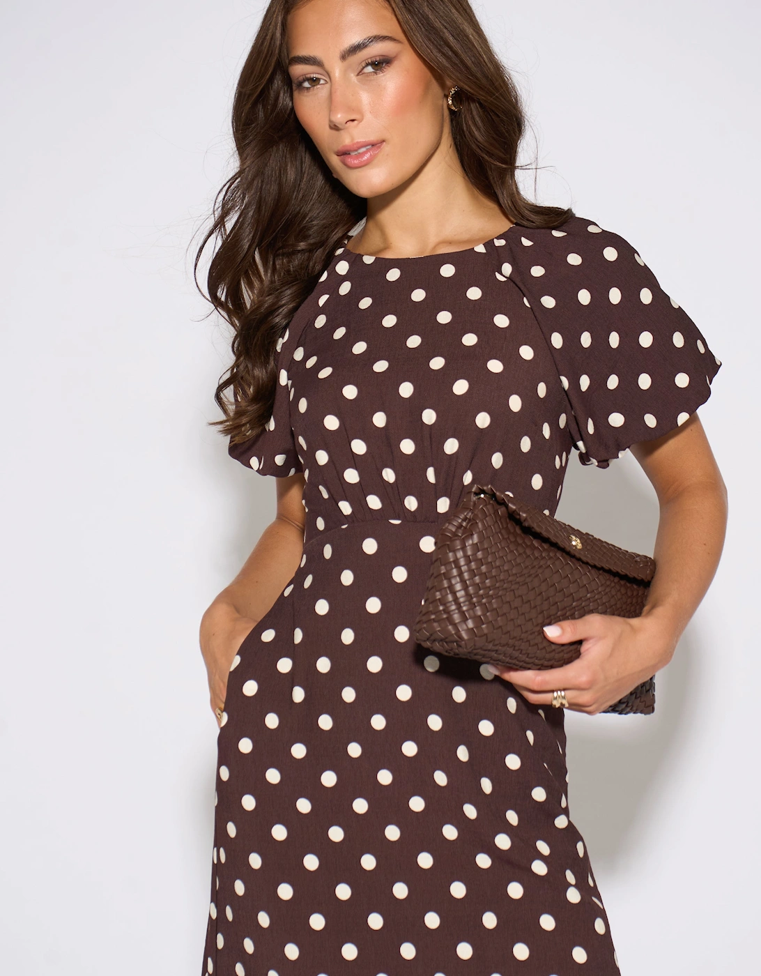 Brown Spot Puff Sleeves Midi Dress
