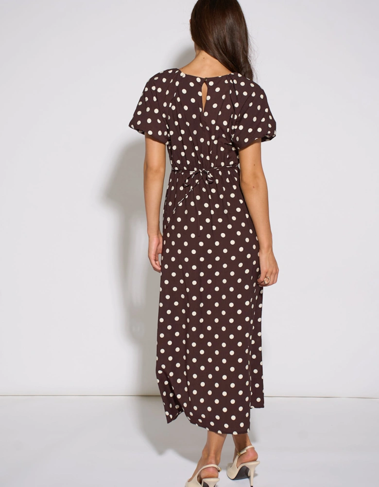Brown Spot Puff Sleeves Midi Dress