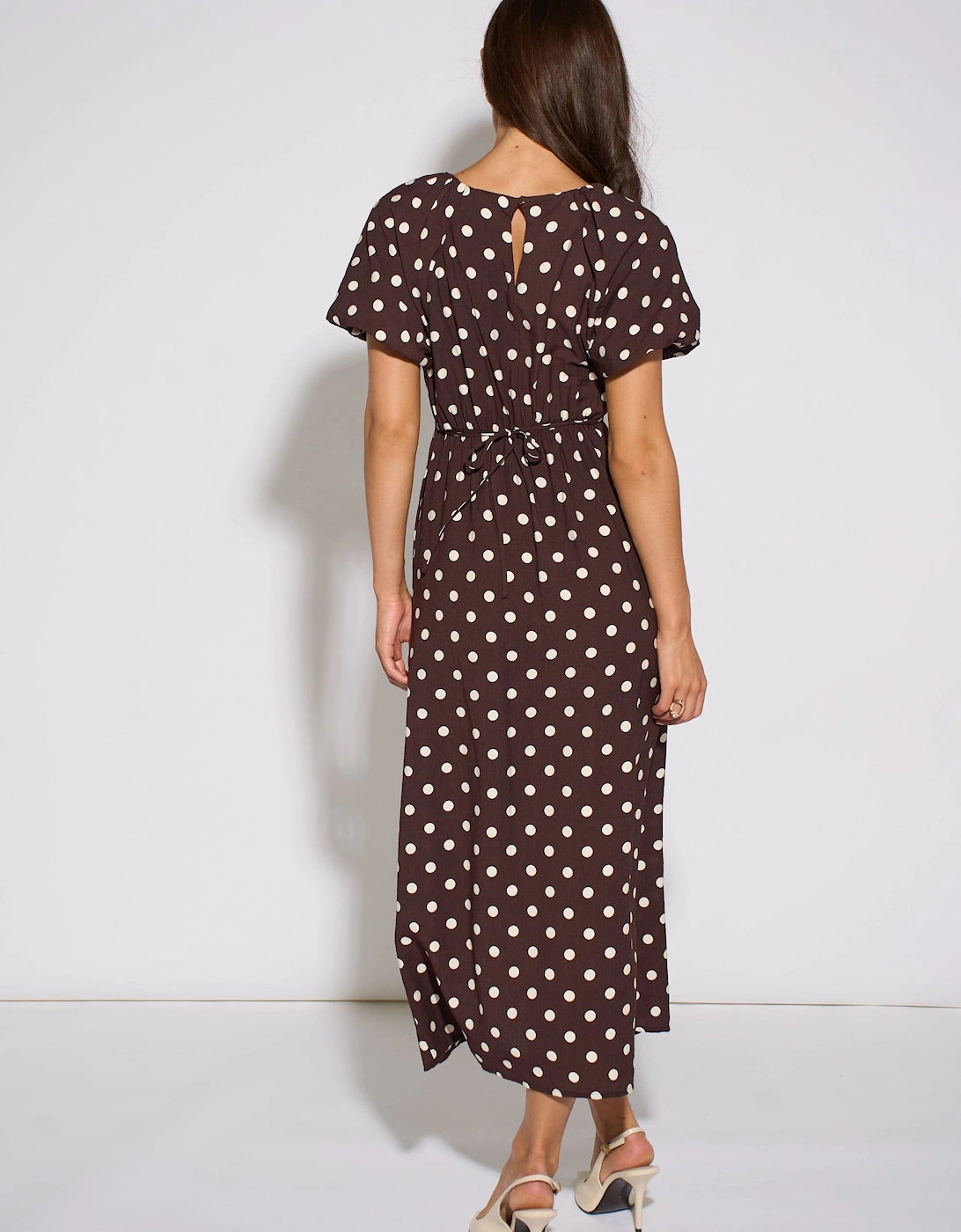 Brown Spot Puff Sleeves Midi Dress