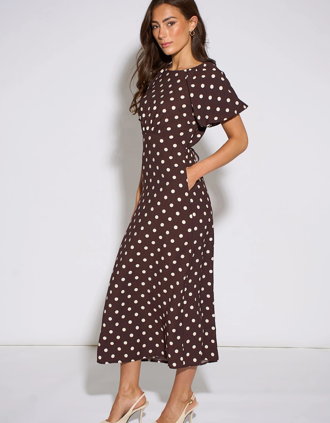 Brown Spot Puff Sleeves Midi Dress