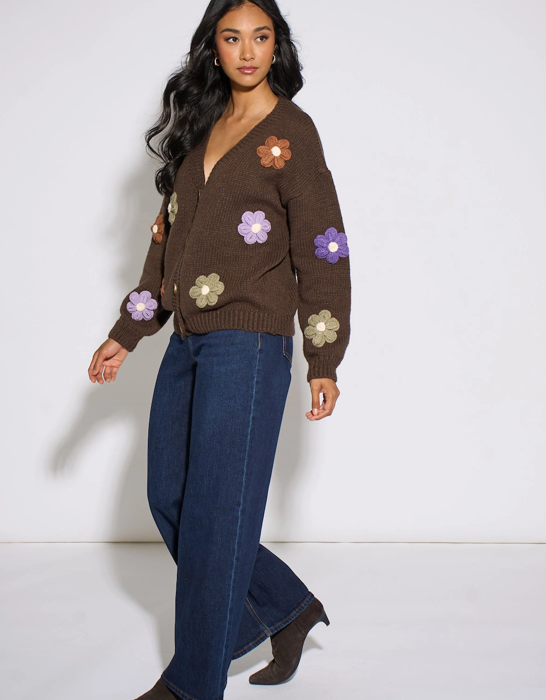 Brown 3D Floral Sleeves Knit Cardigan