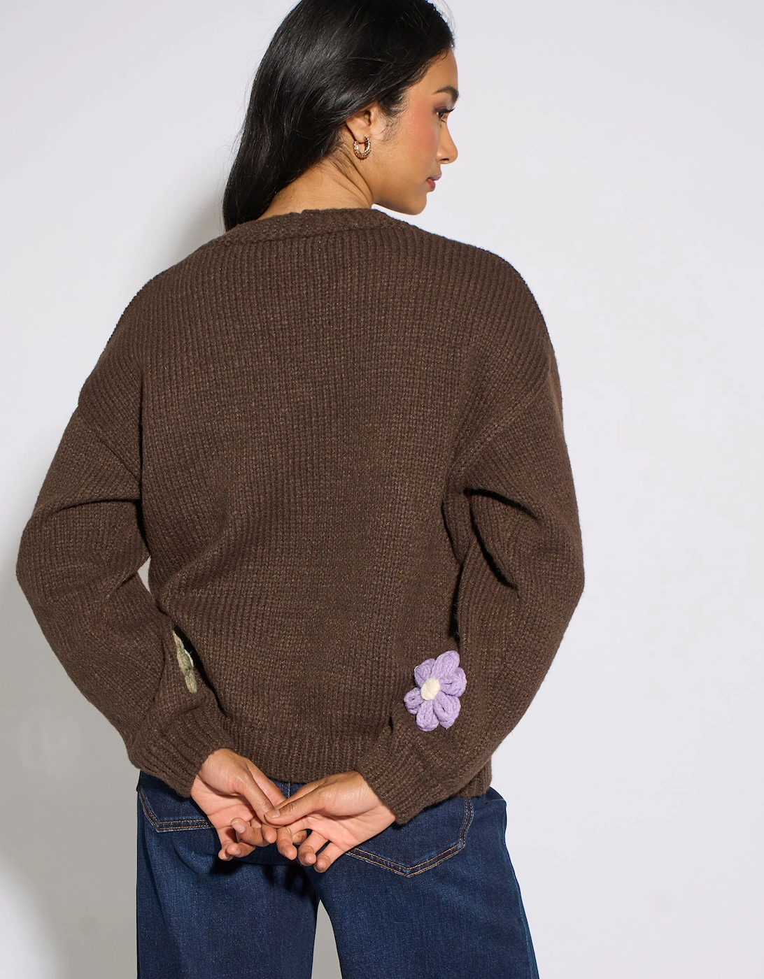 Brown 3D Floral Sleeves Knit Cardigan
