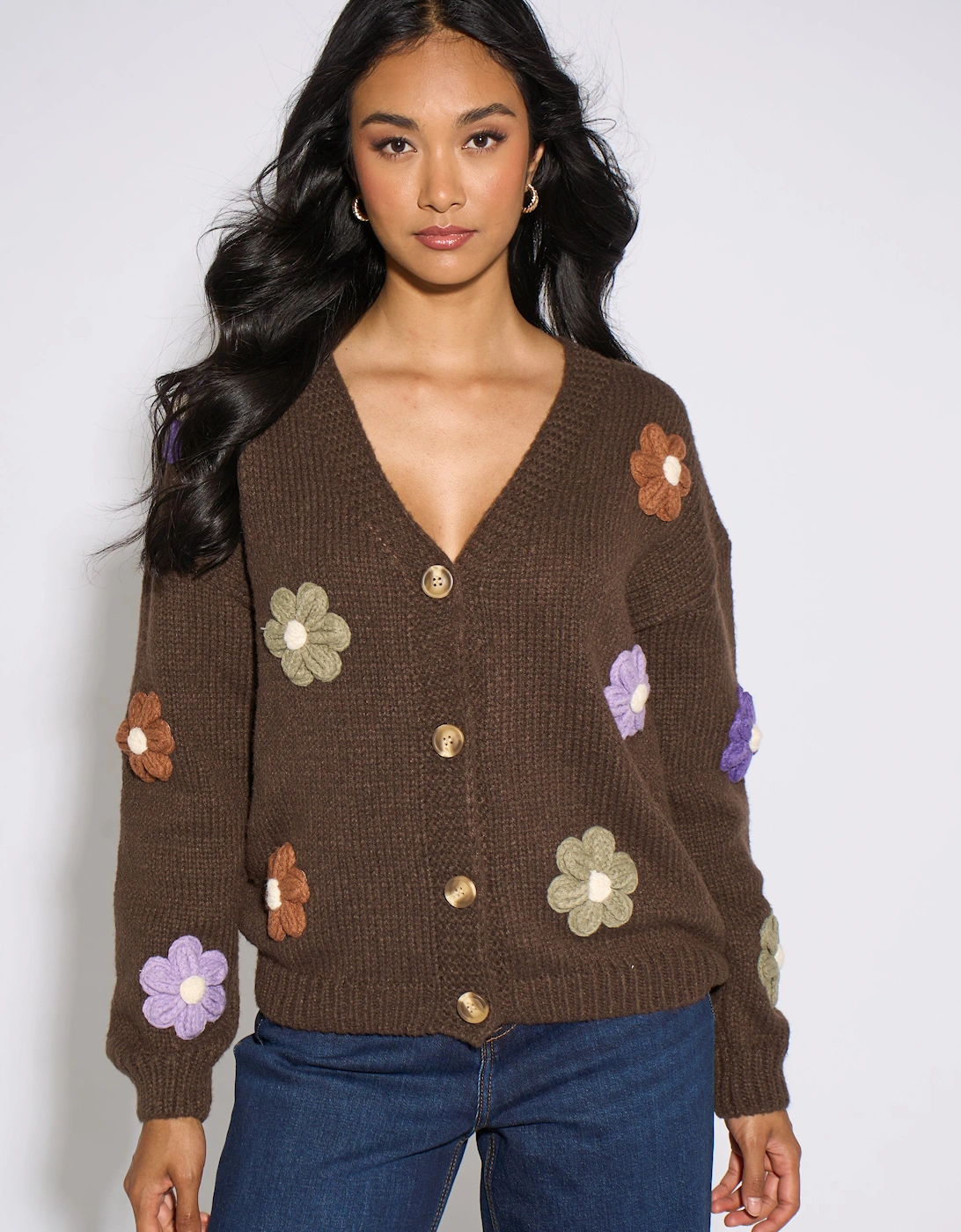 Brown 3D Floral Sleeves Knit Cardigan