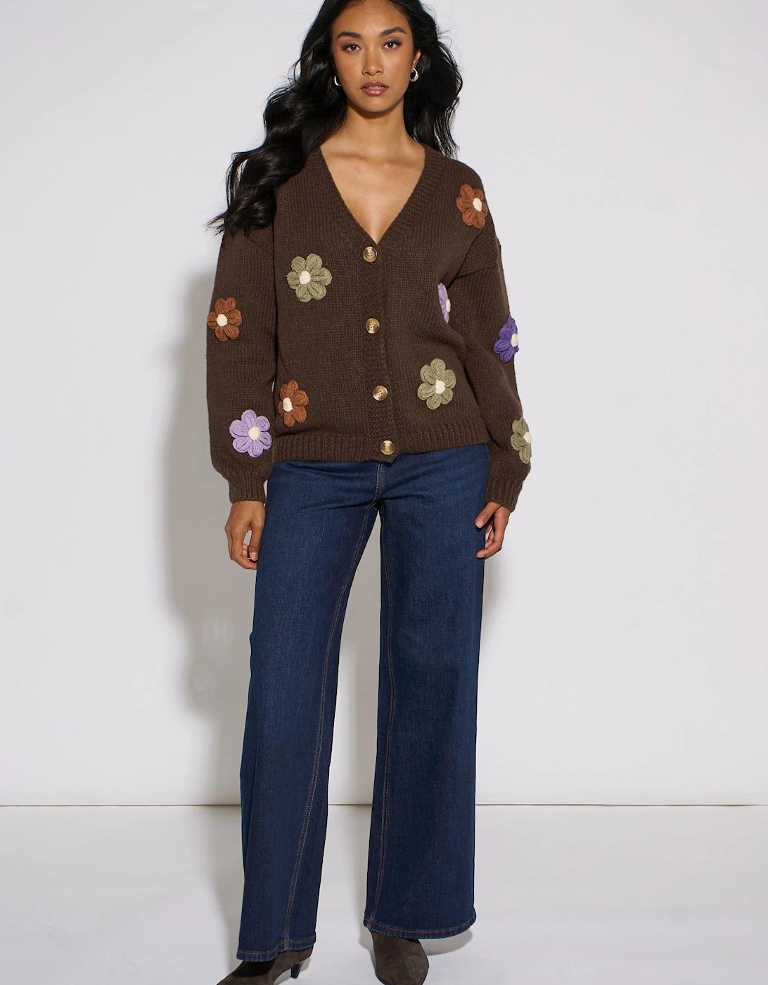 Brown 3D Floral Sleeves Knit Cardigan