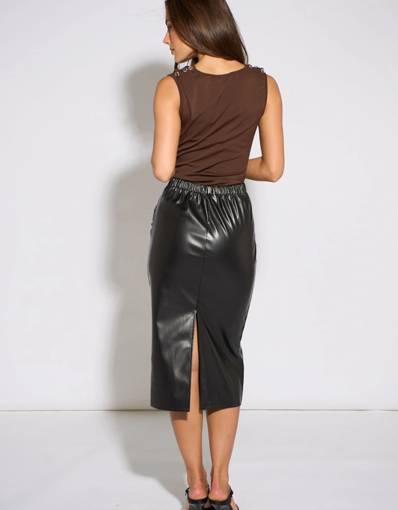 Black Faux Leather Ruched Side Pencil Skirt