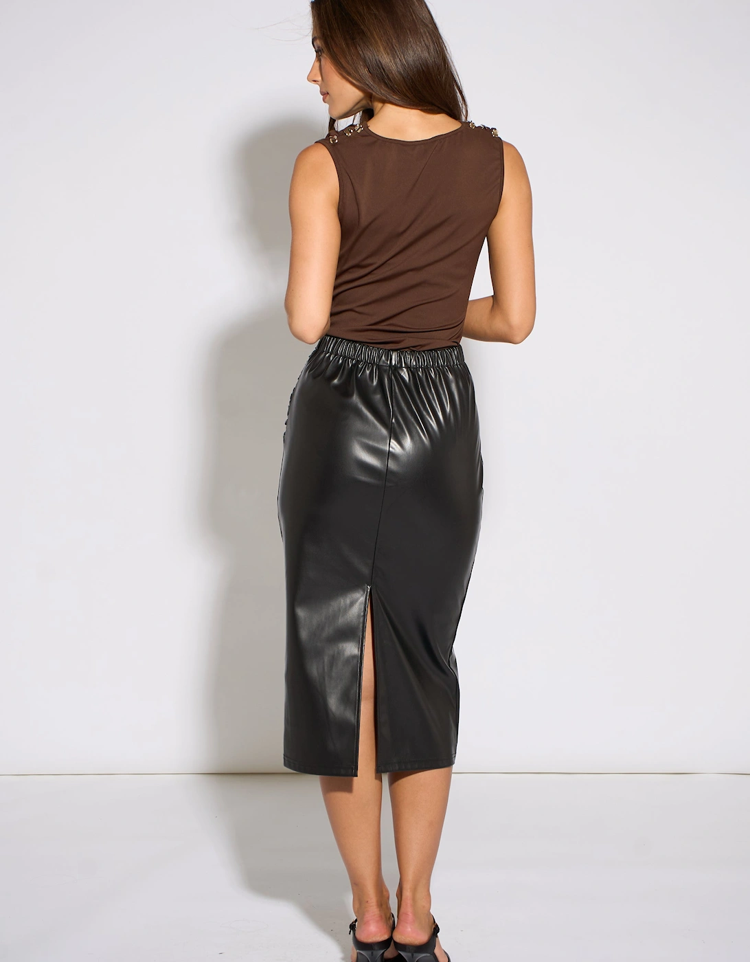 Black Faux Leather Ruched Side Pencil Skirt