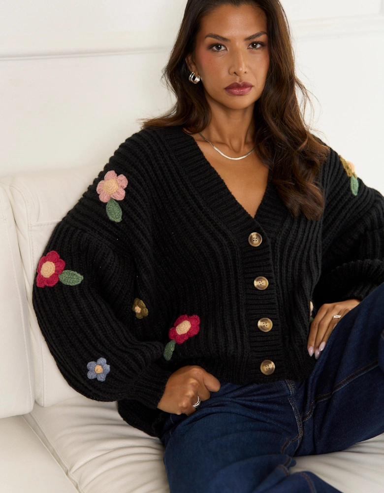 Black 3D Floral Chunky Knit Cardigan