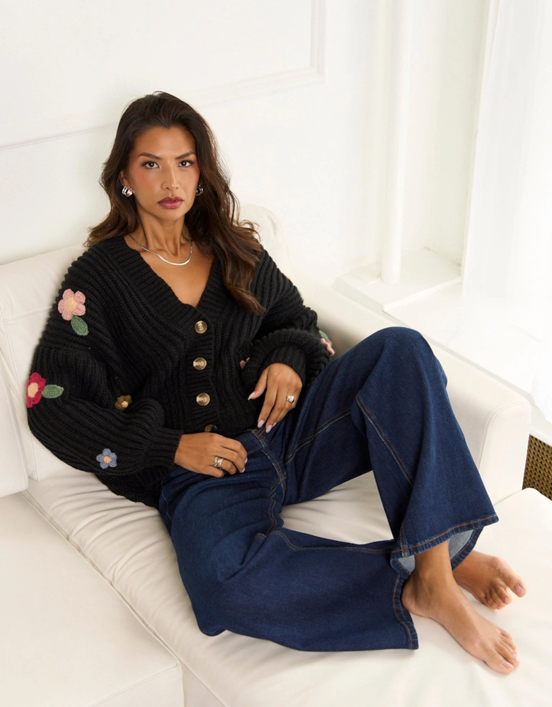 Black 3D Floral Chunky Knit Cardigan
