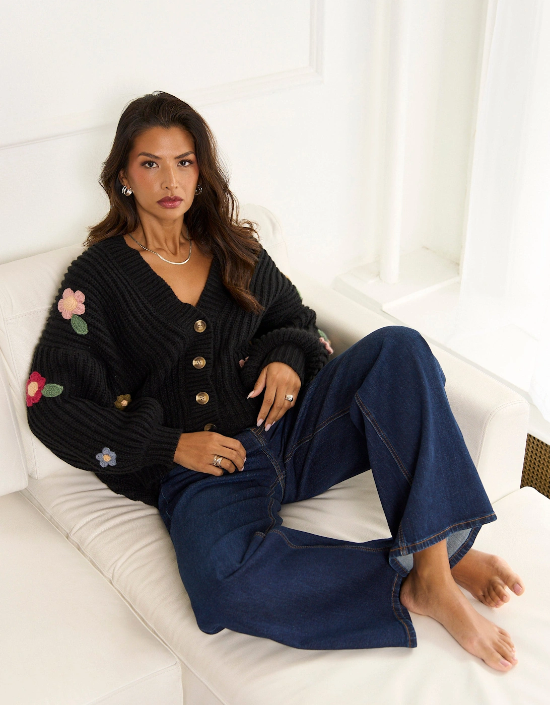 Black 3D Floral Chunky Knit Cardigan