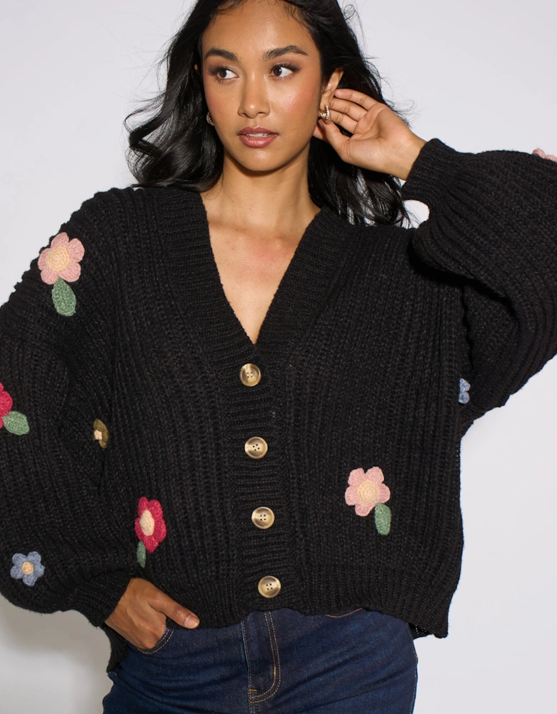 Black 3D Floral Chunky Knit Cardigan