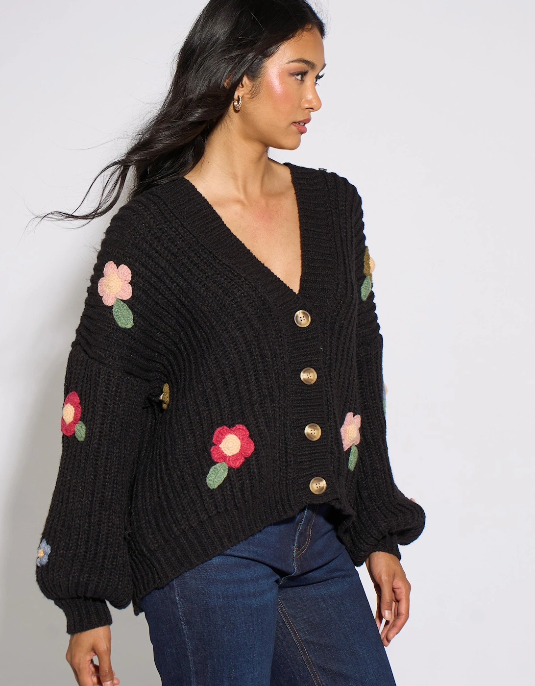 Black 3D Floral Chunky Knit Cardigan