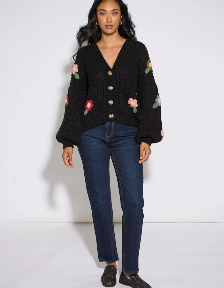 Black 3D Floral Chunky Knit Cardigan