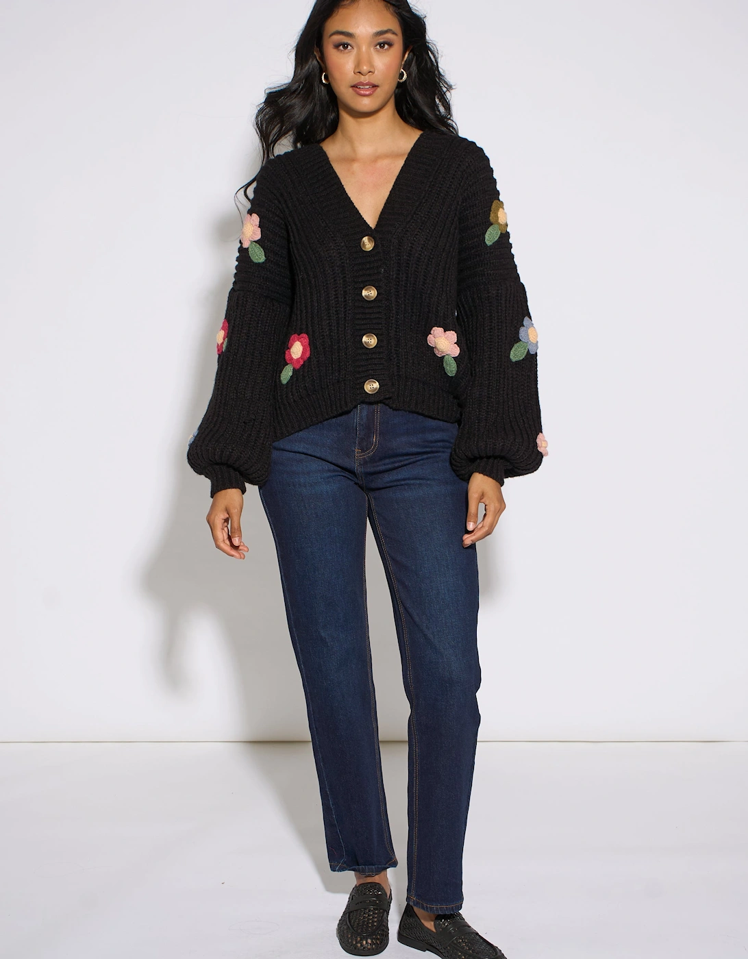 Black 3D Floral Chunky Knit Cardigan