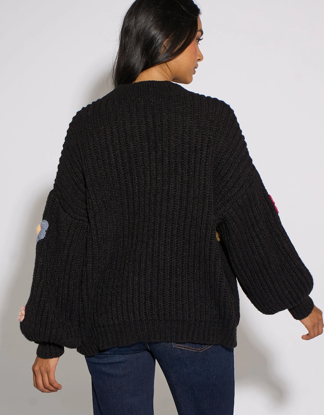 Black 3D Floral Chunky Knit Cardigan