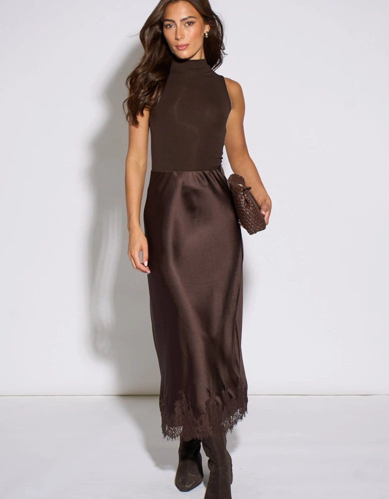 Brown Contrast Lace Trim Satin Bias Skirt